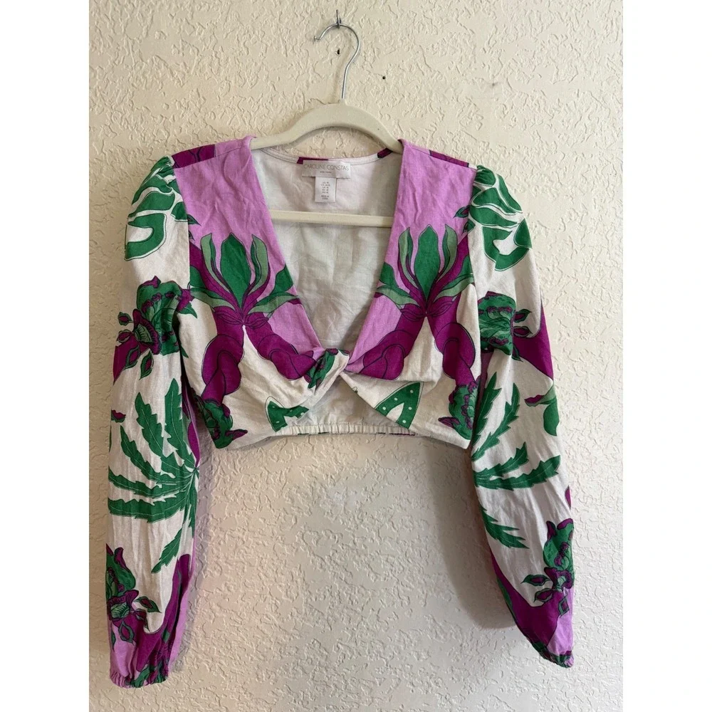 Caroline Constas Tropical Crop Top M Purple Green Floral Linen Blend Deep V-Neck